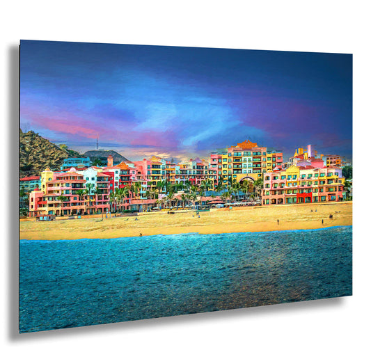 a painting of a beach with buildings in the background