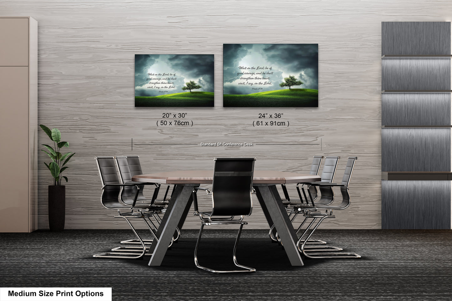 a dining room table with chairs and two pictures on the wall