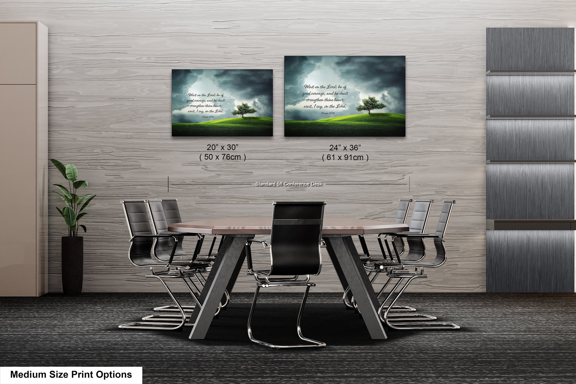 a dining room table with chairs and two pictures on the wall