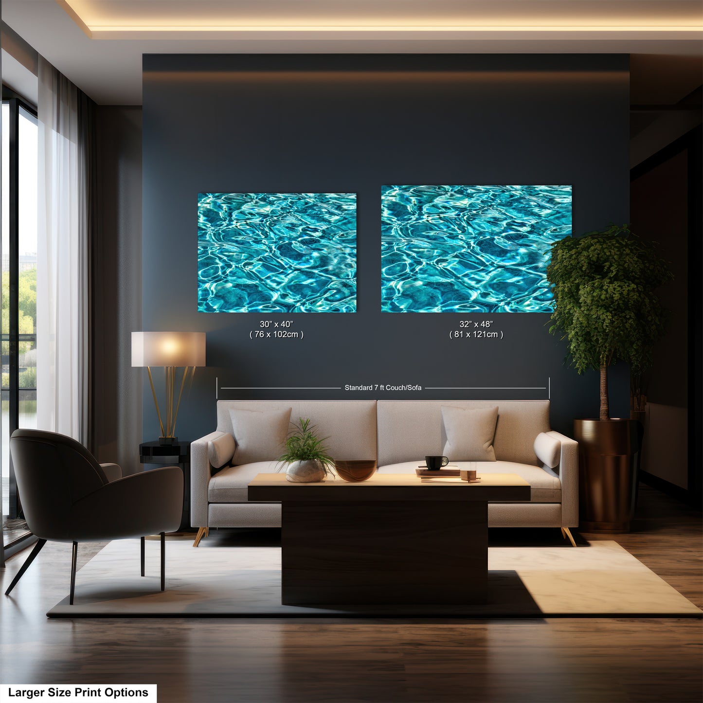 a modern living room with a large sofa, a coffee table, and a potted plant. Two framed prints of water are displayed on the wall above the sofa, creating a serene and calming atmosphere.