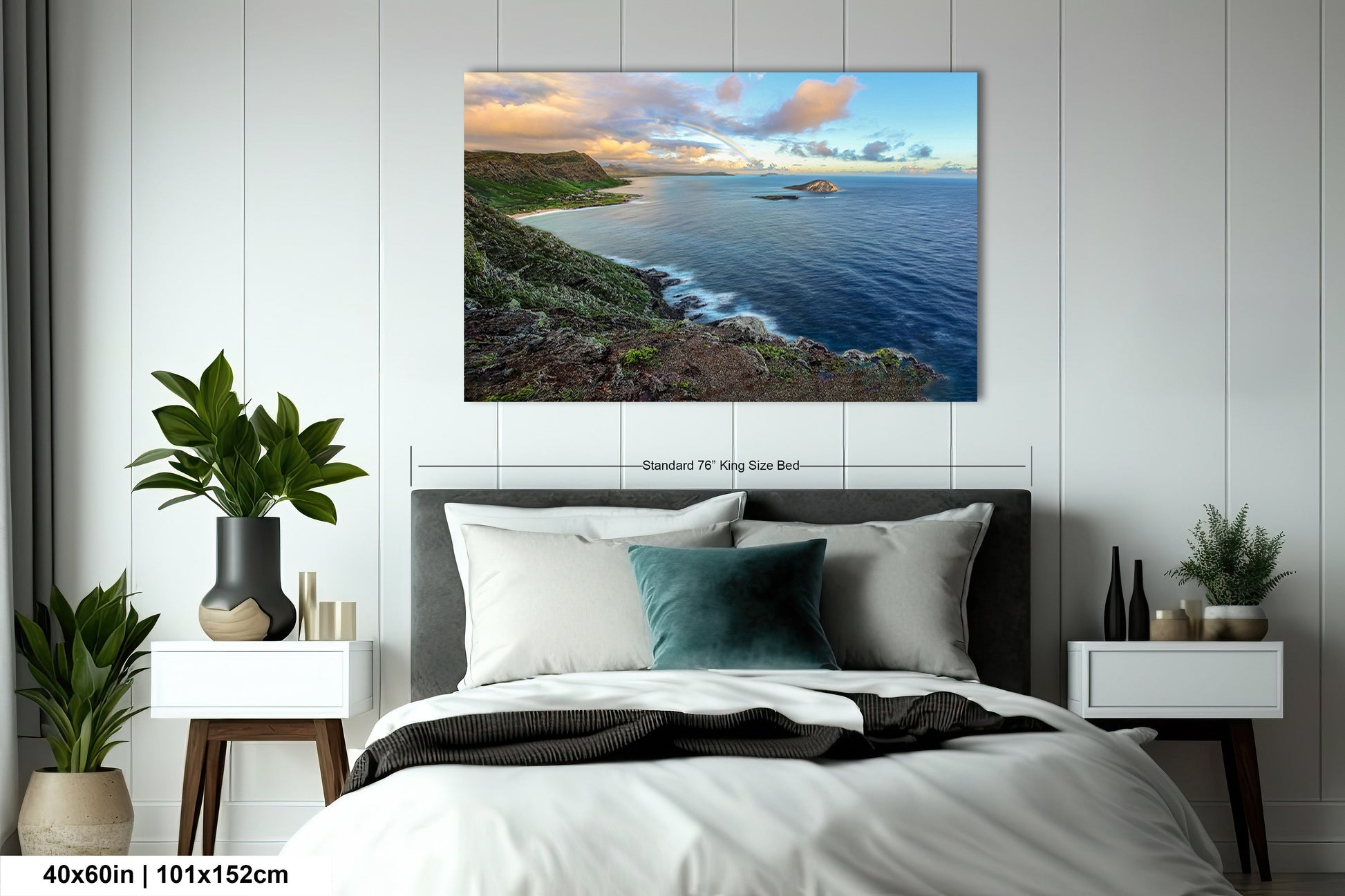 a bedroom with a bed and a painting on the wall