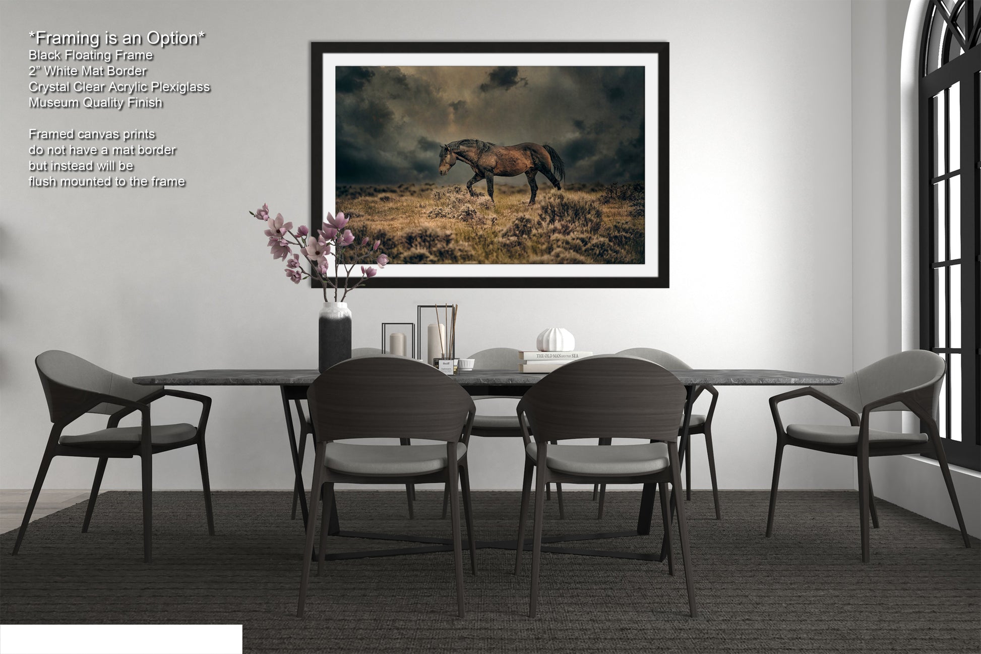 a dining room with a table and chairs and a picture of a horse on the