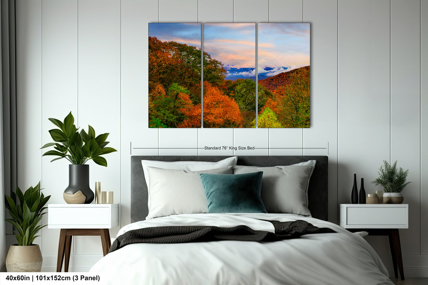 a bedroom scene with a bed and two paintings on the wall