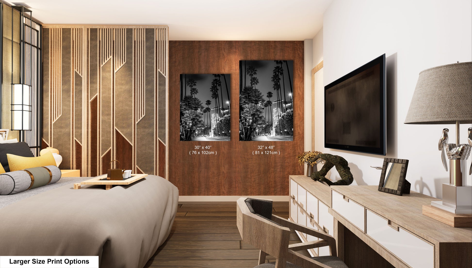 a bed room with a neatly made bed and a flat screen tv