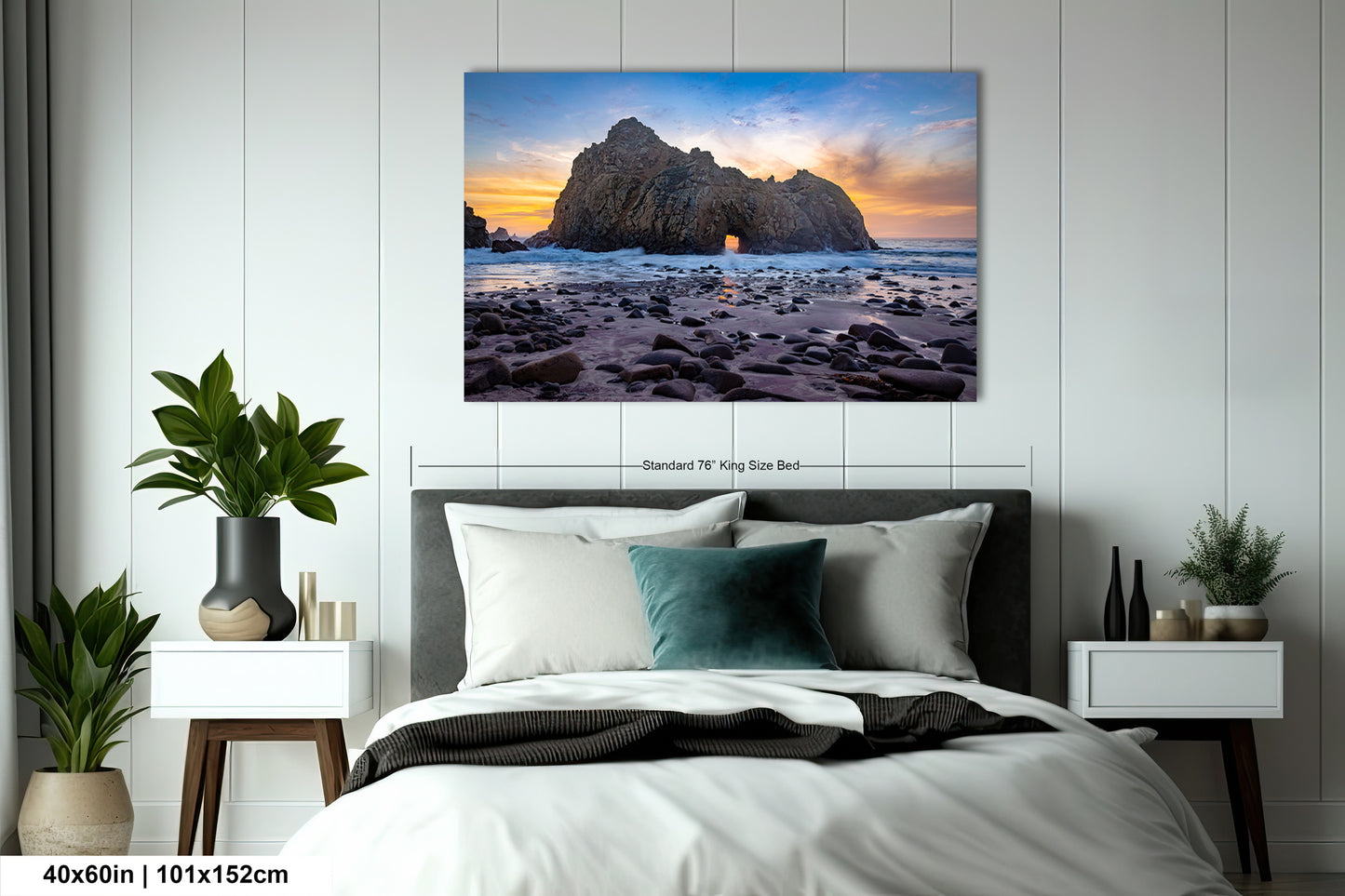 a bedroom with a bed and a painting on the wall
