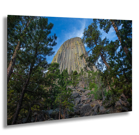 a tall rock surrounded by trees under a blue sky