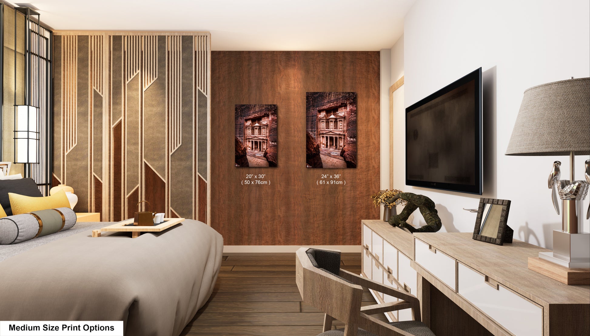 a bedroom with a large bed and a flat screen tv
