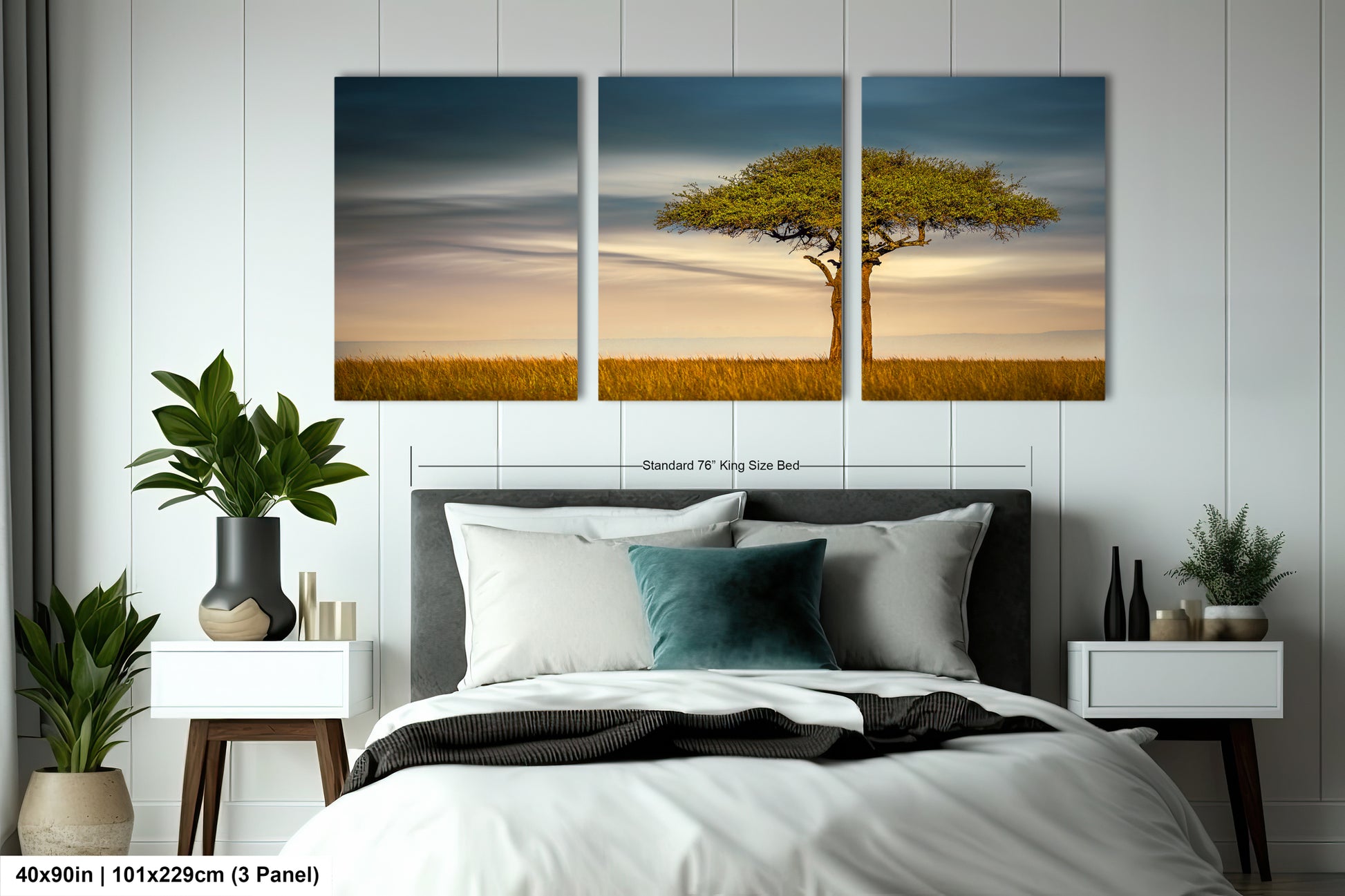 a bedroom with a bed and two paintings on the wall