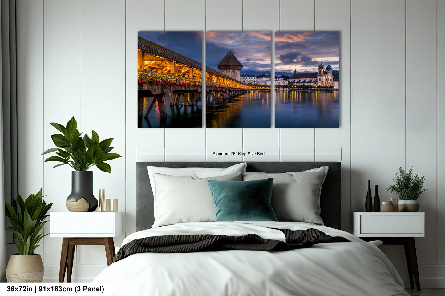 a bed room with a neatly made bed and two paintings on the wall