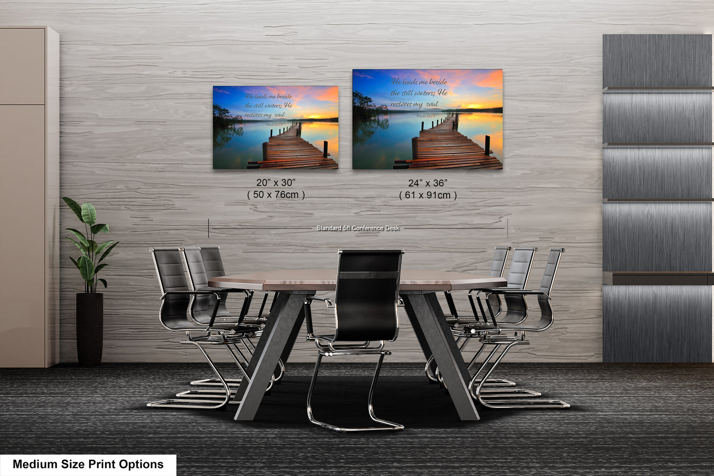 a dining room table with chairs and two pictures on the wall