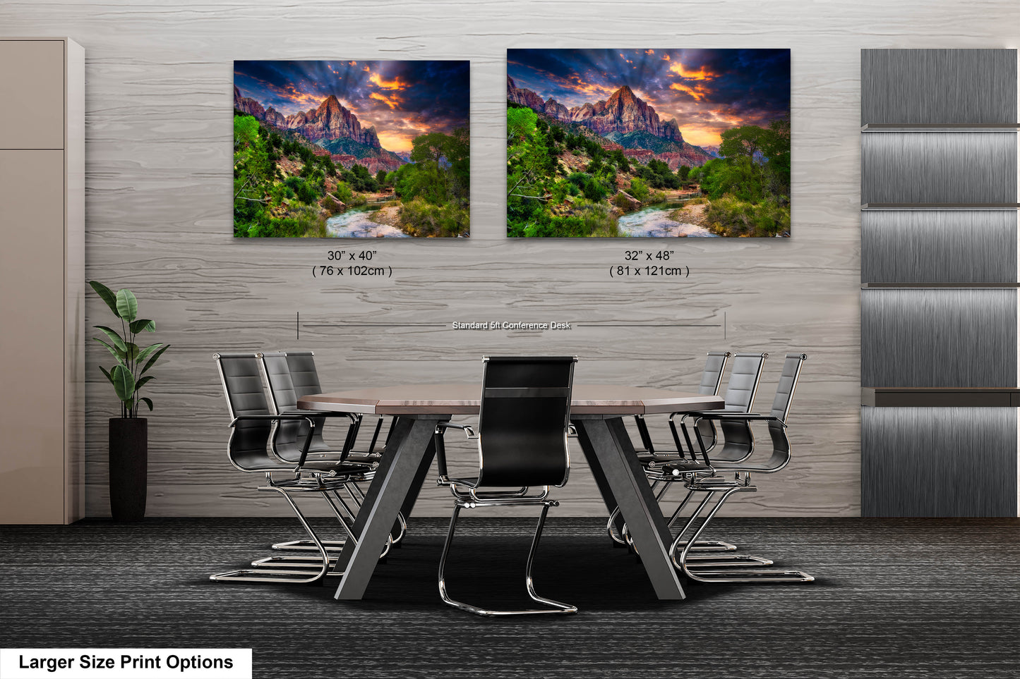 a dining room table with chairs and two pictures on the wall