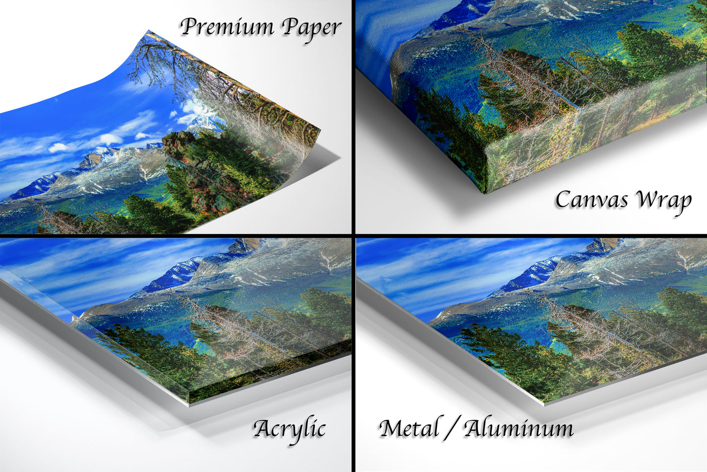 four different views of a mountain range with trees