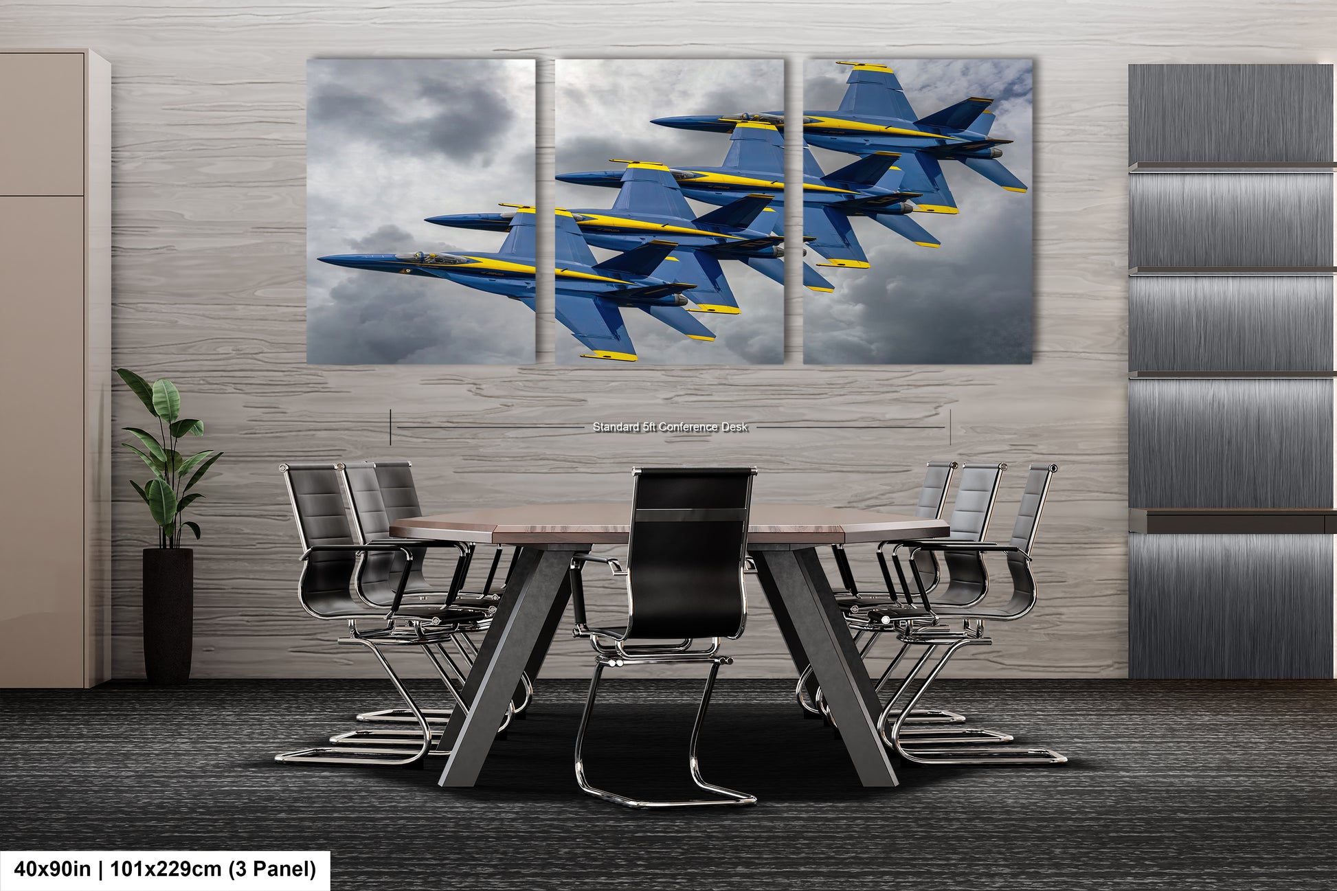 a dining room table with four blue and yellow fighter jets on it