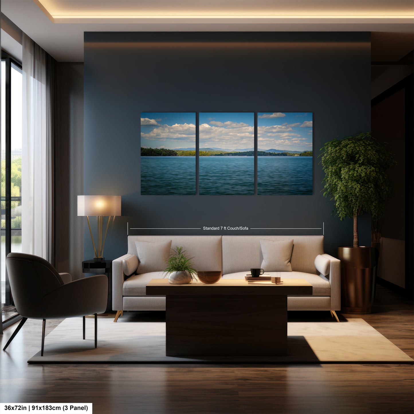 A modern living room with a large wall-mounted painting depicting a serene landscape of a lake and mountains. The room is furnished with a sofa, chair, and coffee table, creating a cozy and inviting atmosphere.