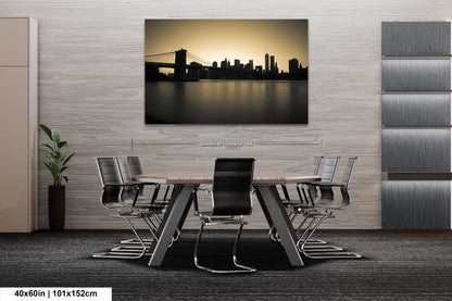 a picture of a city skyline with a bridge in the background