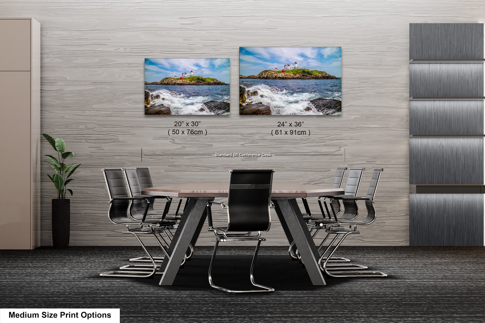 a dining room table with chairs and two pictures on the wall