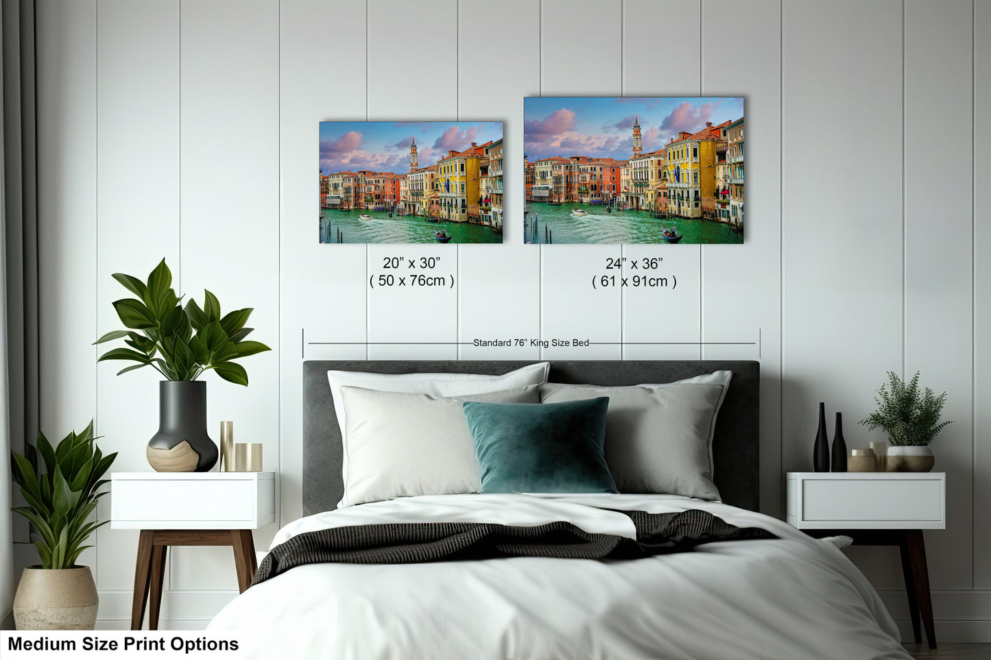 a bed room with a neatly made bed and two pictures on the wall
