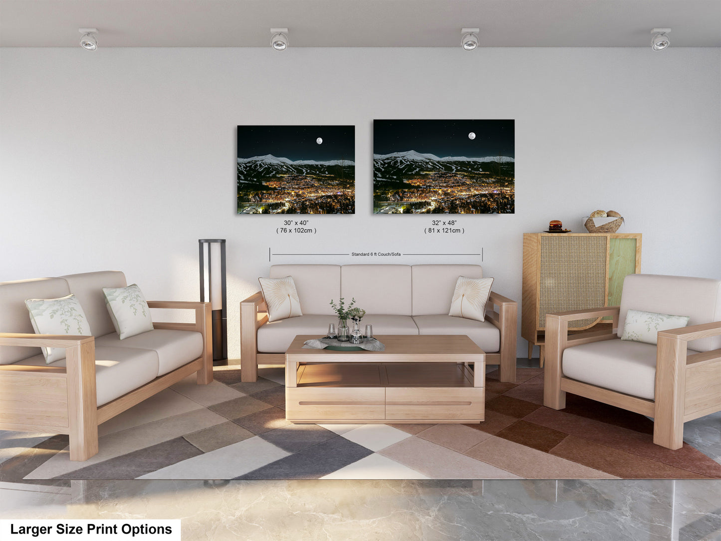 a living room with two pictures on the wall