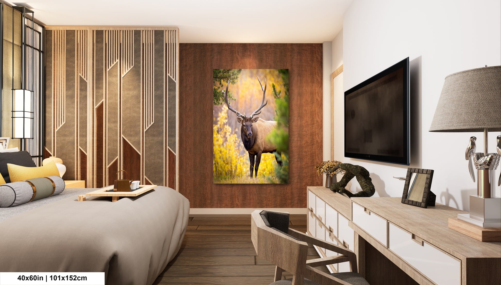 a bed room with a neatly made bed and a painting on the wall