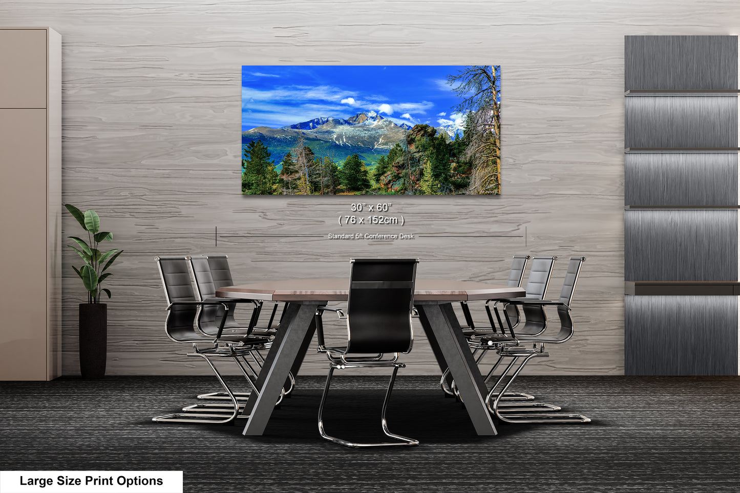a dining room table with chairs and a painting on the wall