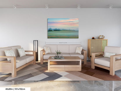 a living room filled with furniture and a painting on the wall