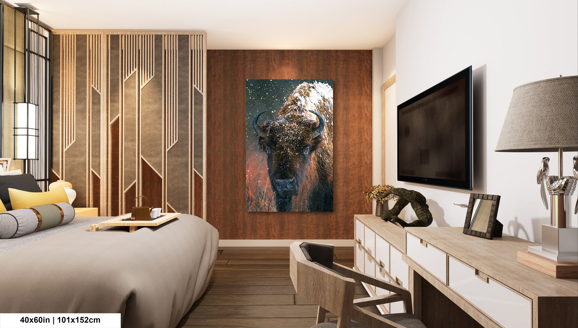 a bed room with a neatly made bed and a flat screen tv