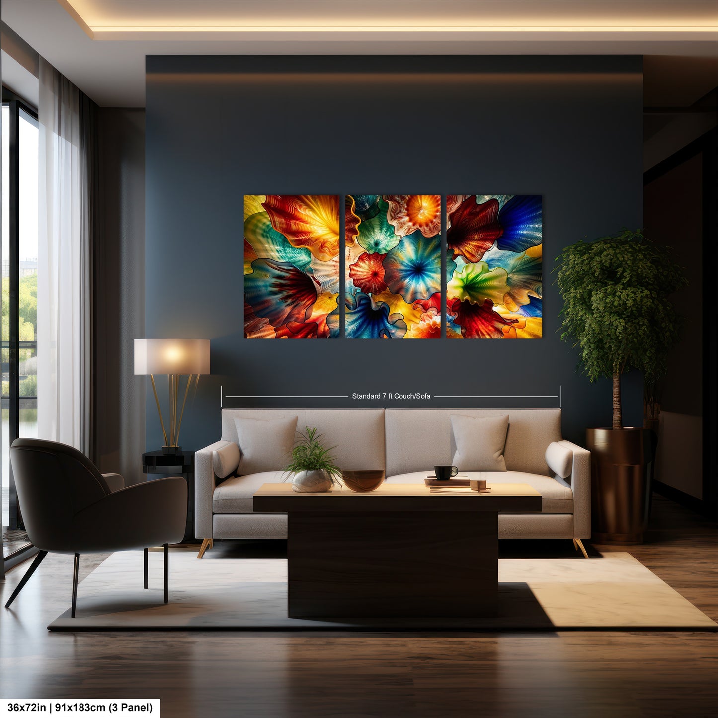 A modern living room with a large, colorful abstract painting hanging on the wall above a white sofa. The room has a wooden floor, a coffee table, and a potted plant.