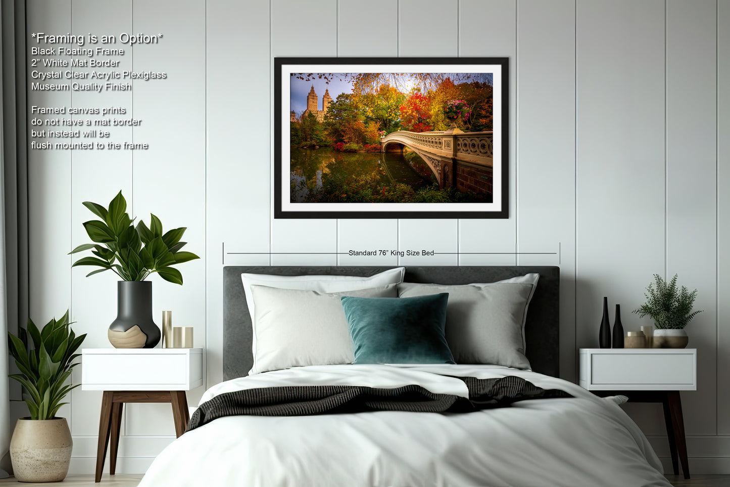 A modern office space with a large, three-panel landscape painting of Central Park in New York City hanging on the wall. The painting depicts the park's iconic landmarks, including the Bethesda Fountain and the bridge across the pond. The office has a sleek, contemporary design with gray walls and a gray carpeted floor.