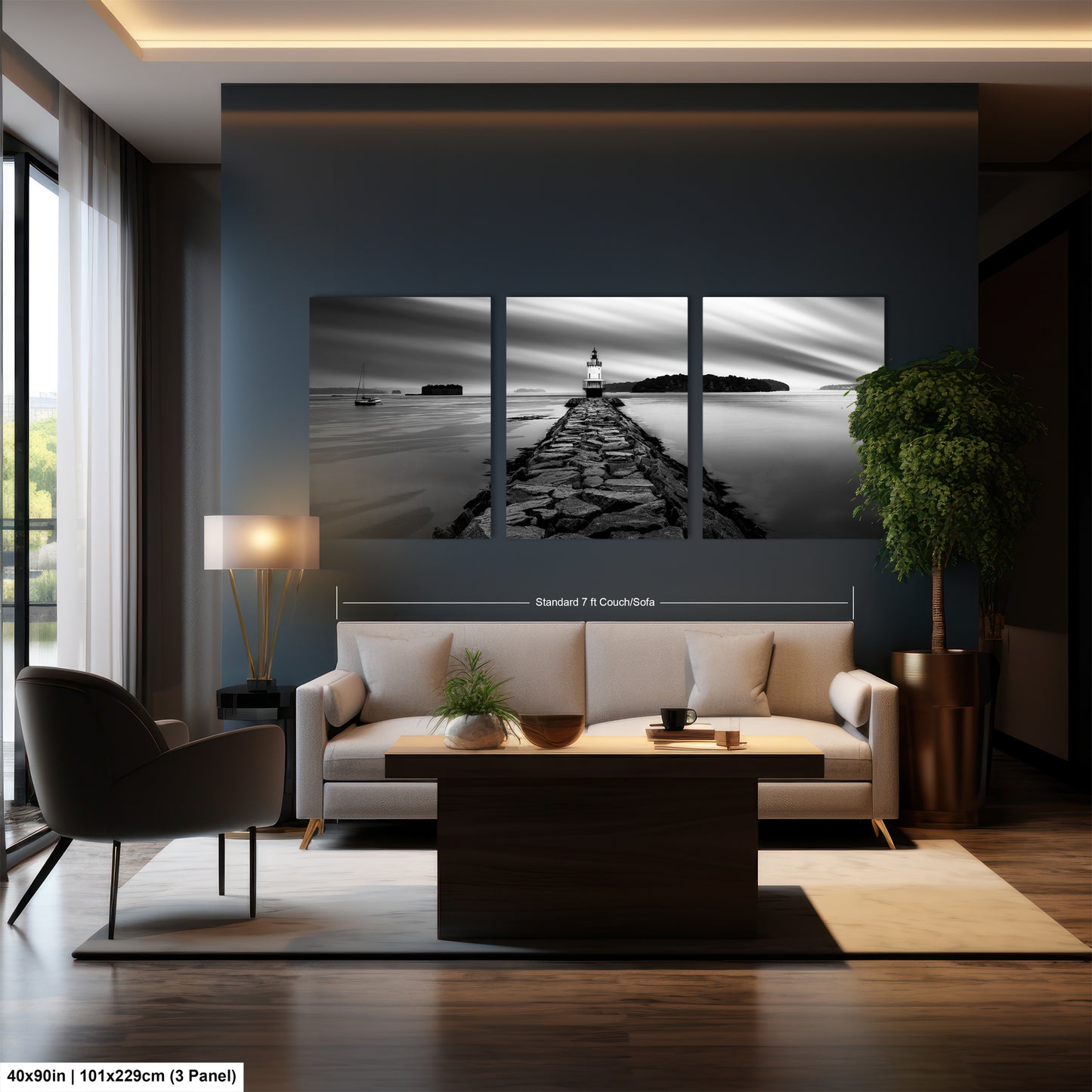 a living room with a couch a table and a painting