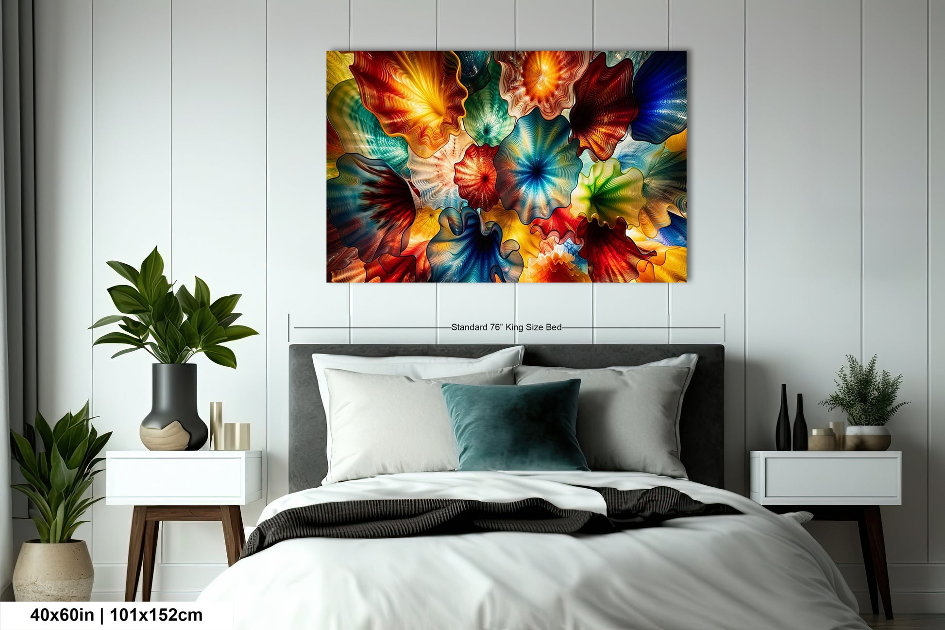 a large, colorful abstract painting hanging on a wall above a bed with white bedding.