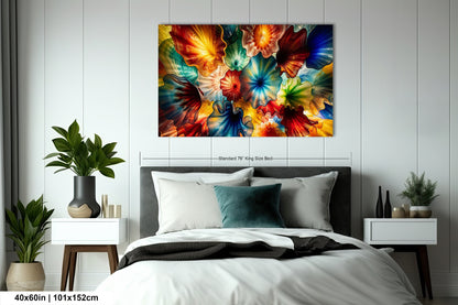 a large, colorful abstract painting hanging on a wall above a bed with white bedding.