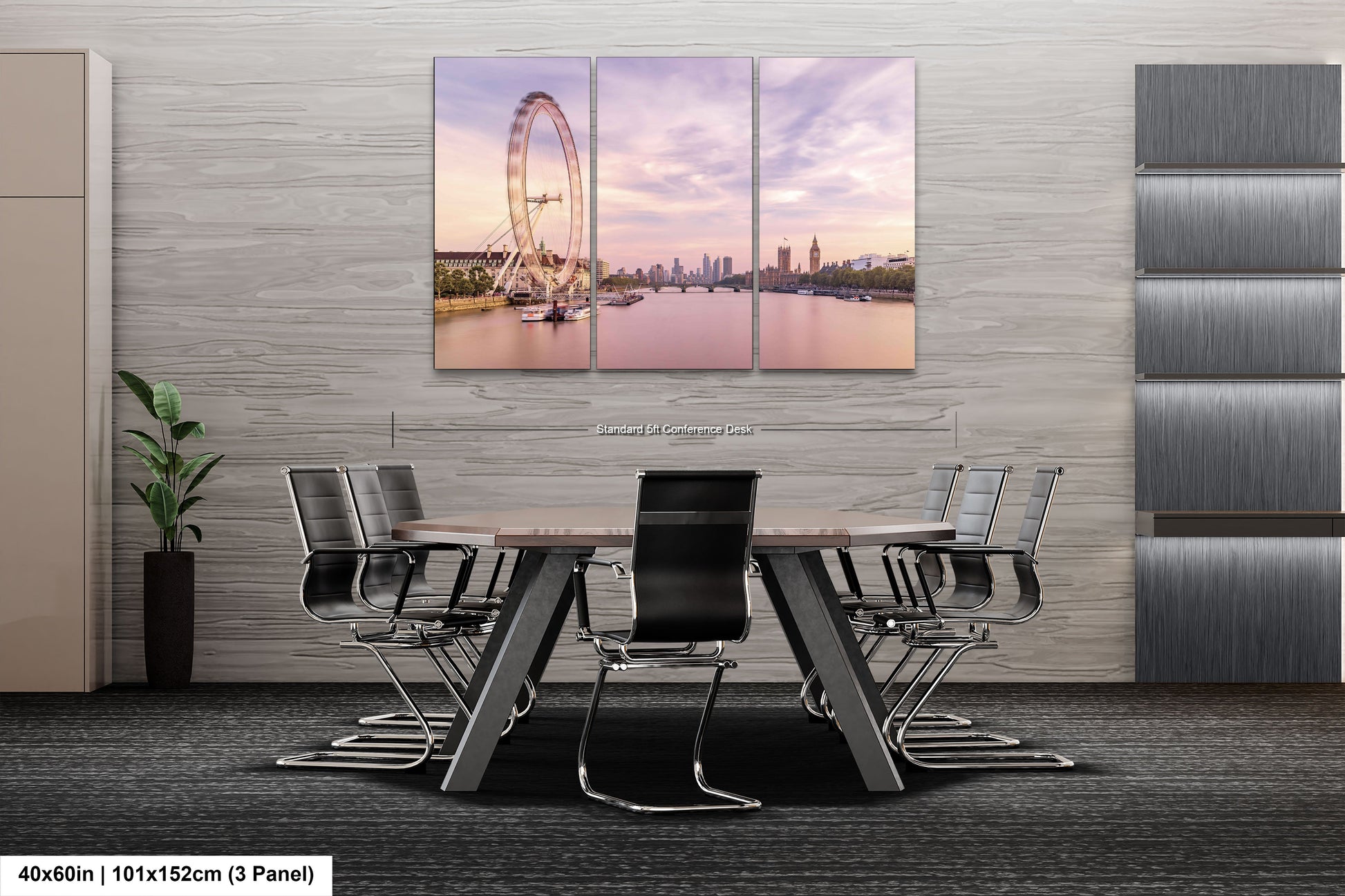 a dining room with a table and chairs with a ferris wheel in the background