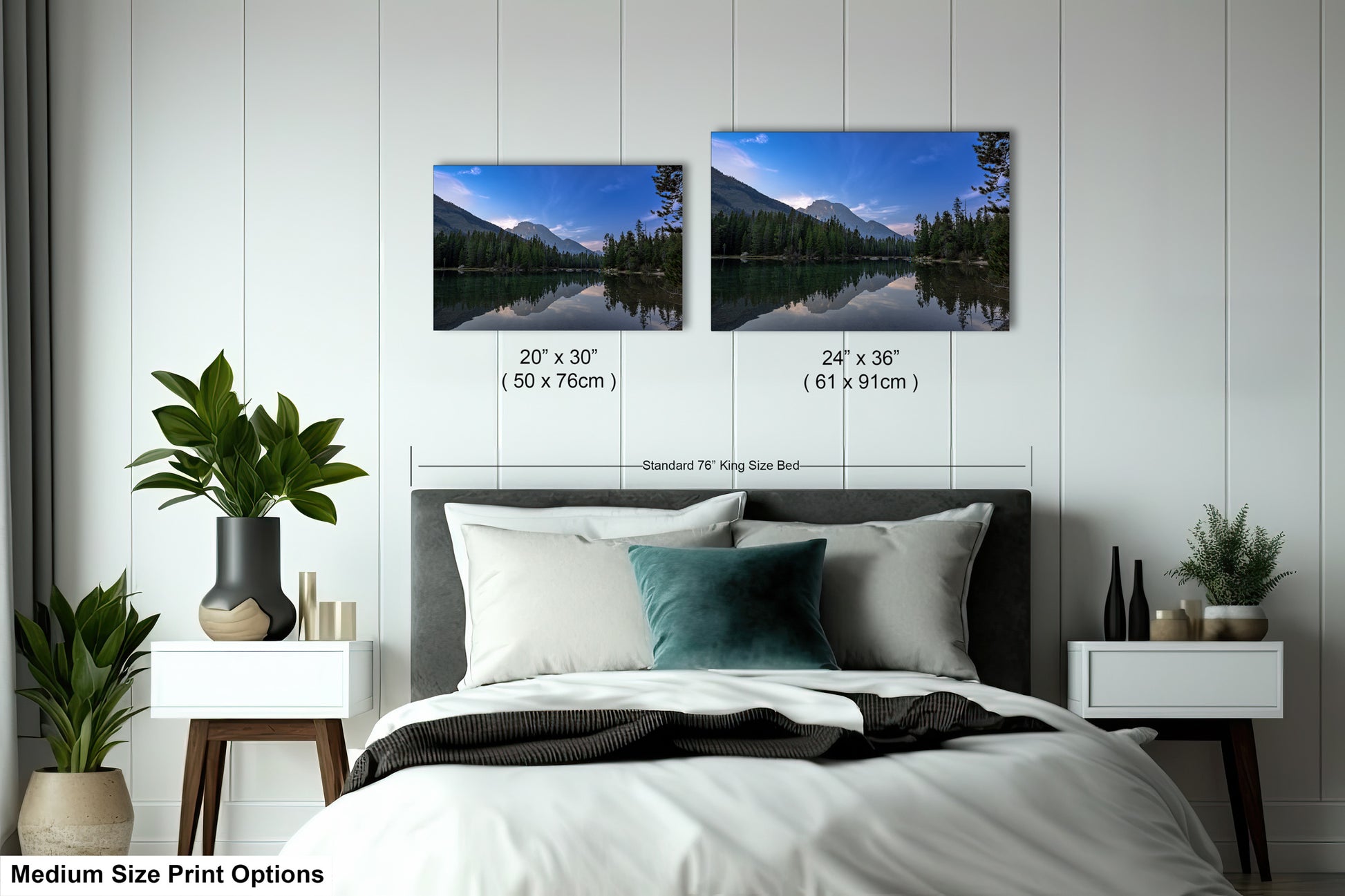a bedroom with a bed and two pictures on the wall