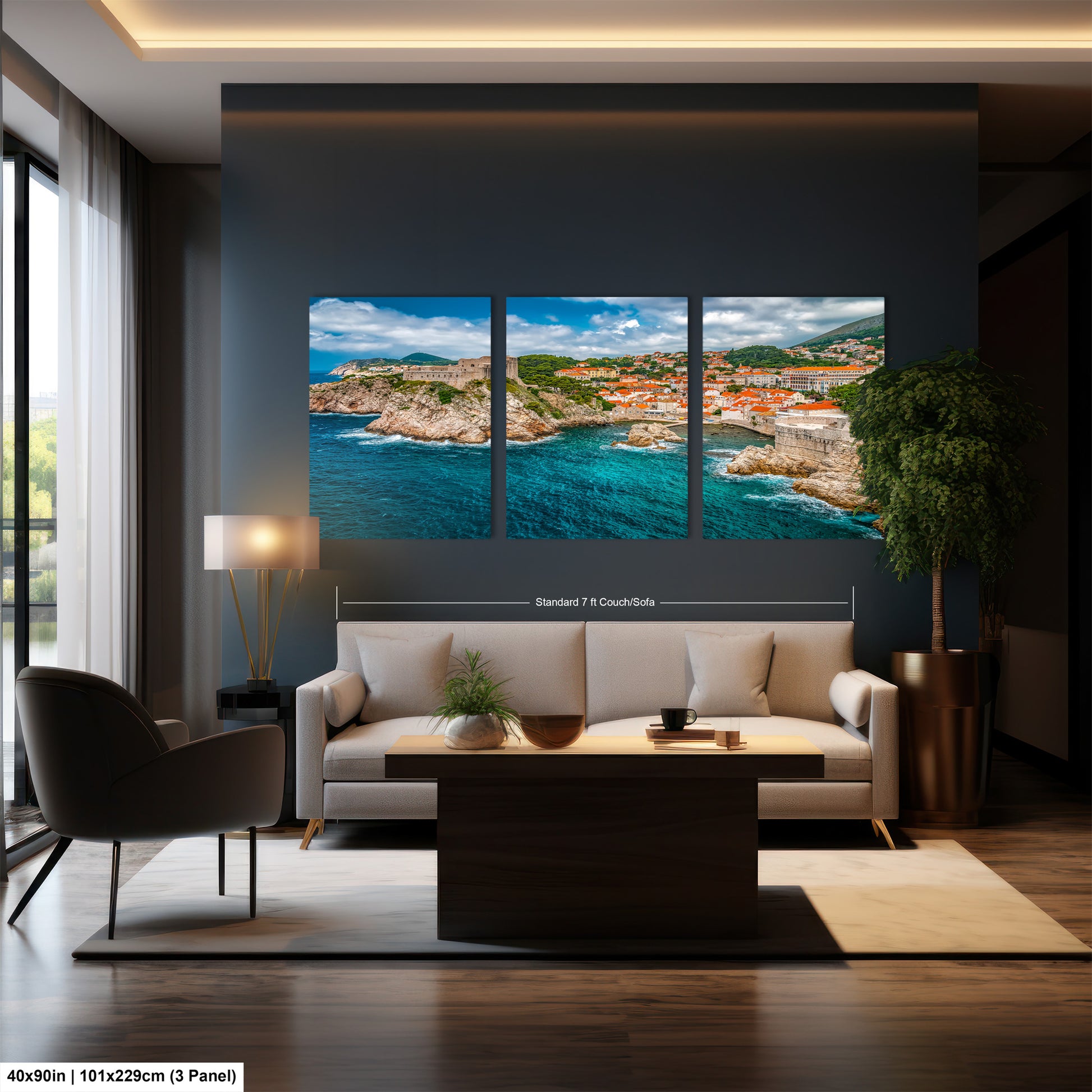 a living room with a couch and a painting on the wall
