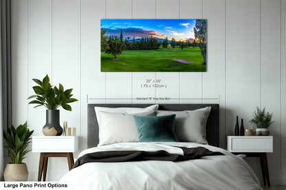 a bedroom with a large bed and a painting on the wall