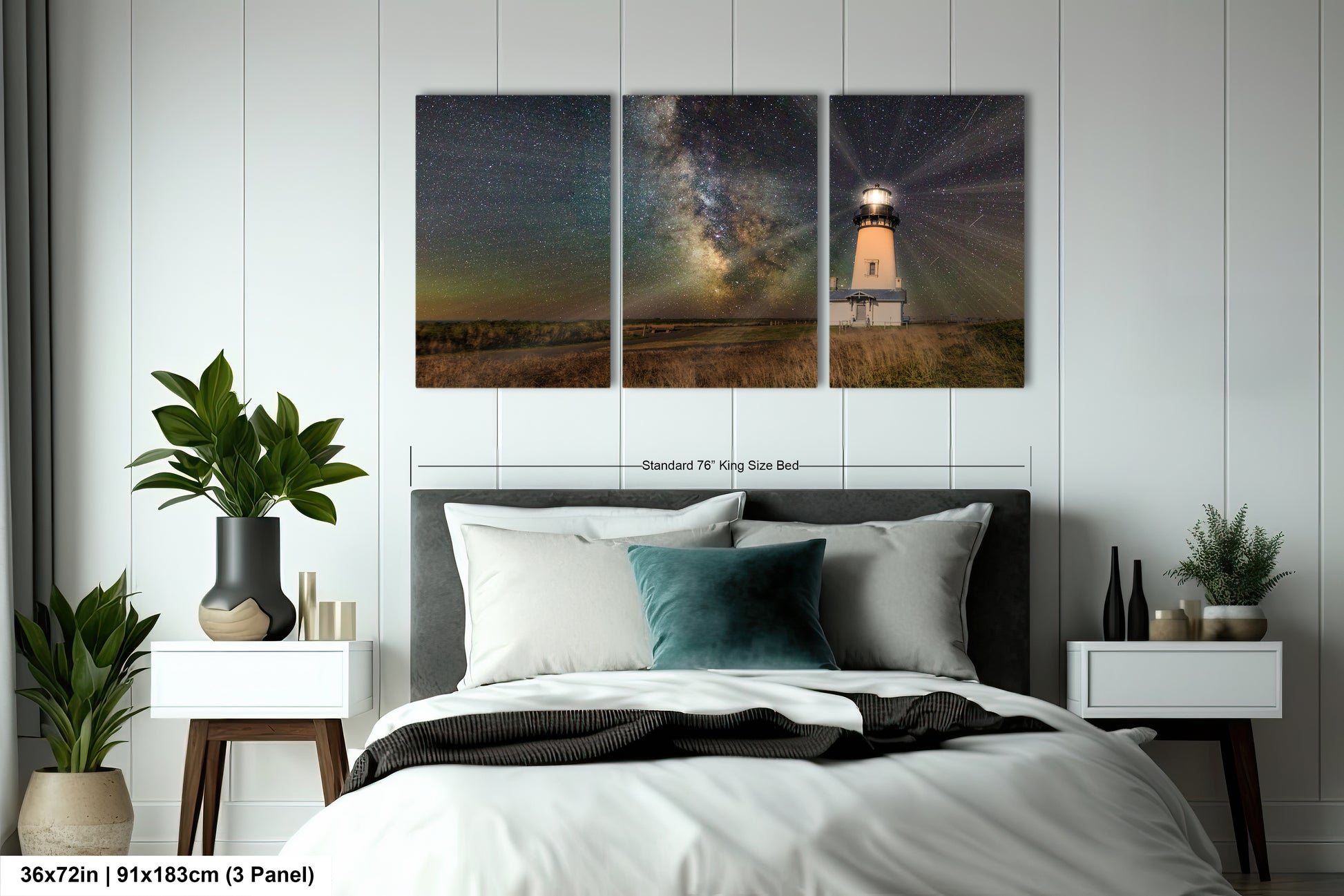 a bedroom with a bed and two paintings on the wall