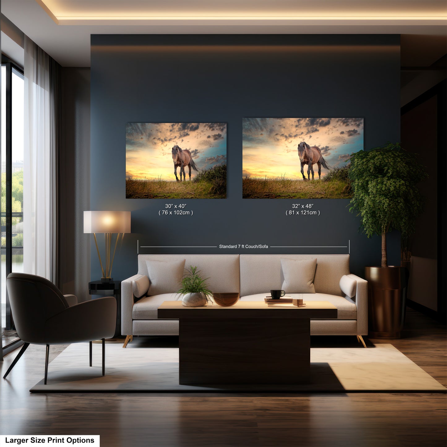 a living room with two pictures of horses on the wall