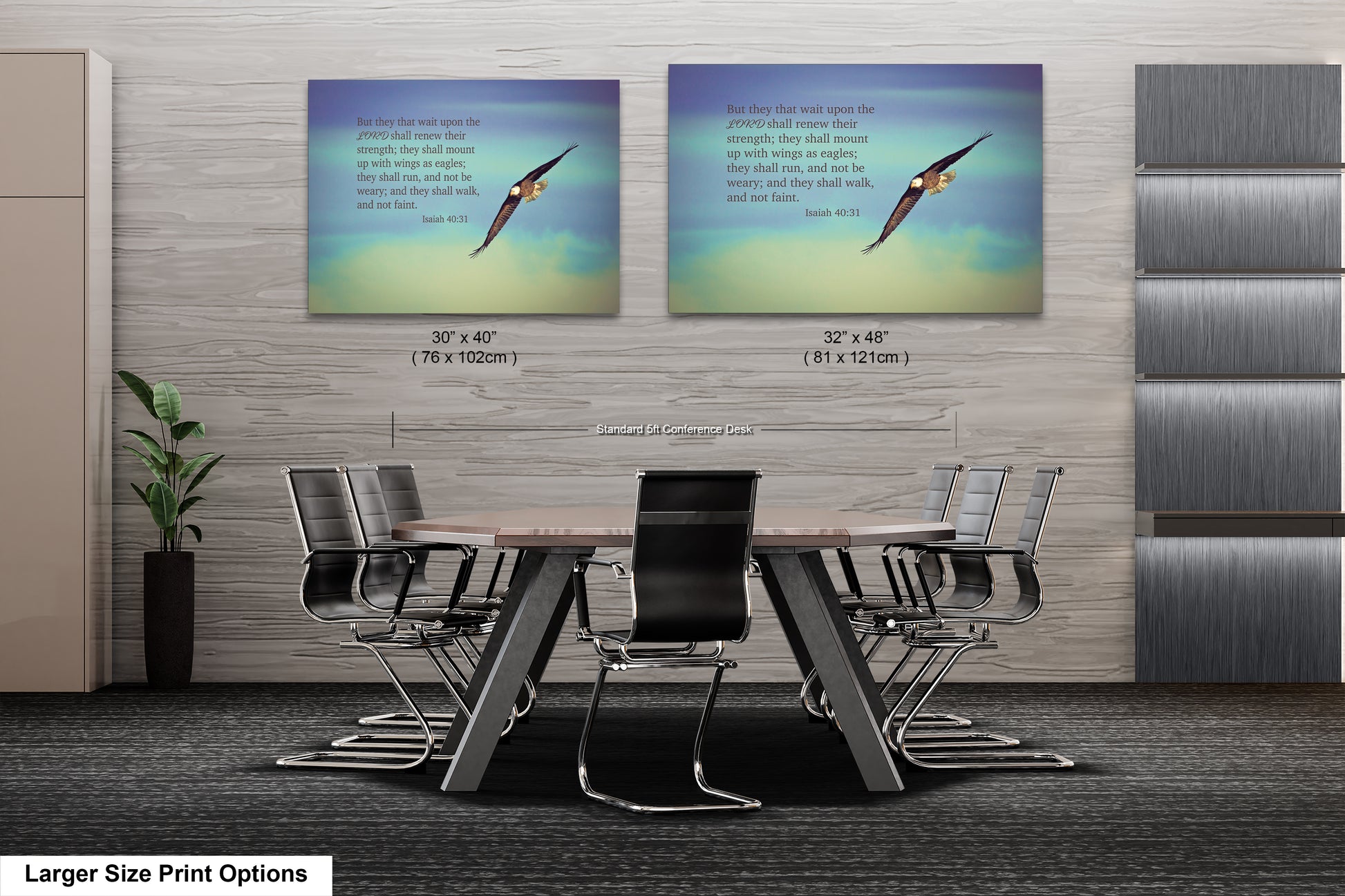 a room with a table and chairs and two pictures on the wall
