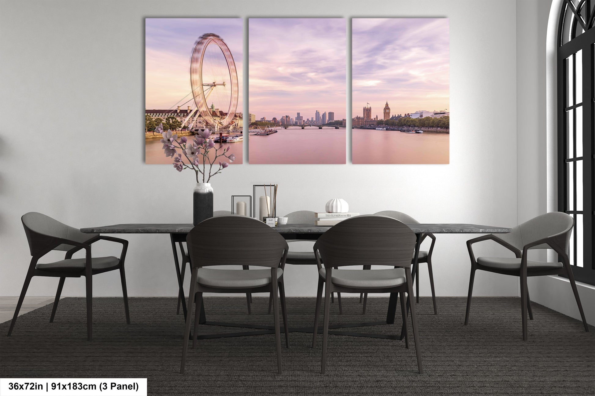 a dining room table with chairs and a ferris wheel in the background