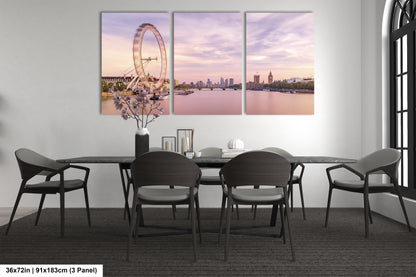 a dining room table with chairs and a ferris wheel in the background