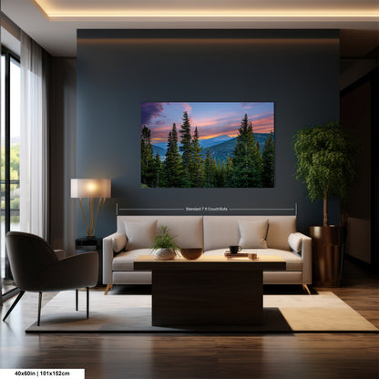 a modern living room with a large painting of a forest scene hanging on the wall.