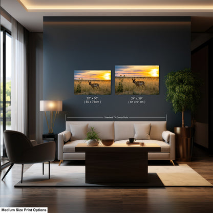 The image is a modern living room with a large window, a sofa, a coffee table, and two framed landscape photographs hanging on the wall.
