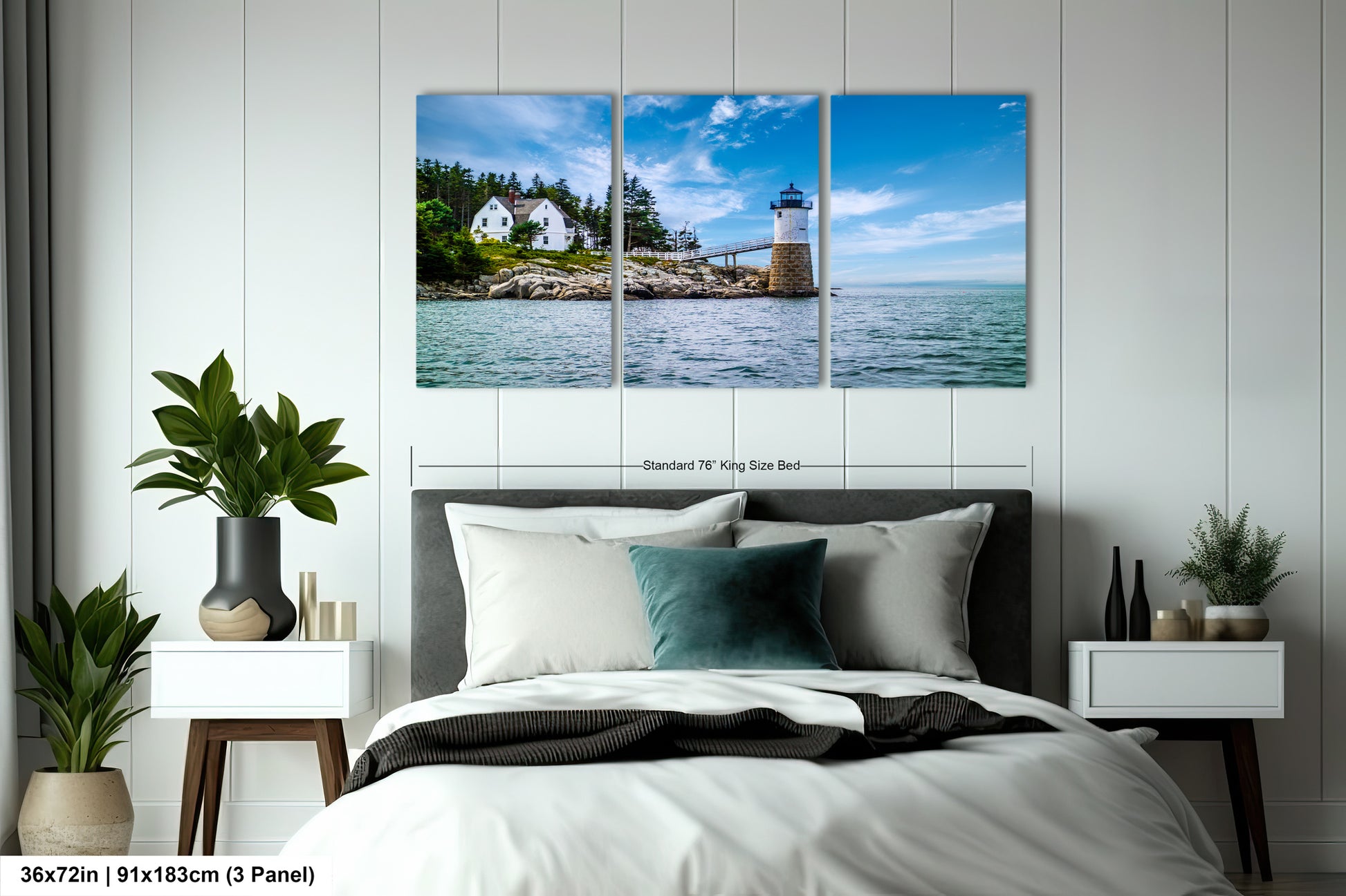 a bedroom scene with a bed and a lighthouse