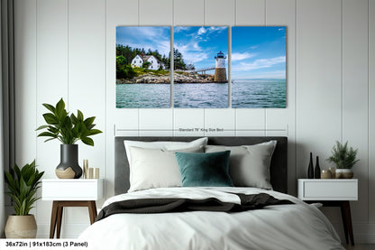 a bedroom scene with a bed and a lighthouse