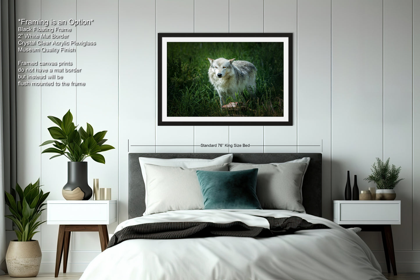 a bedroom with a bed and a picture hanging on the wall