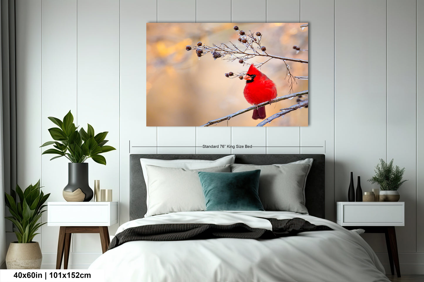 a red cardinal sitting on a branch in a bedroom