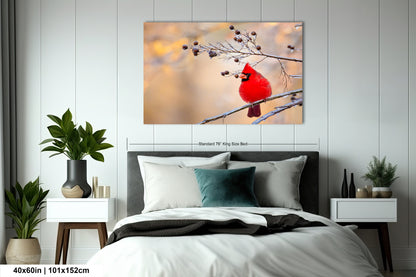 a red cardinal sitting on a branch in a bedroom
