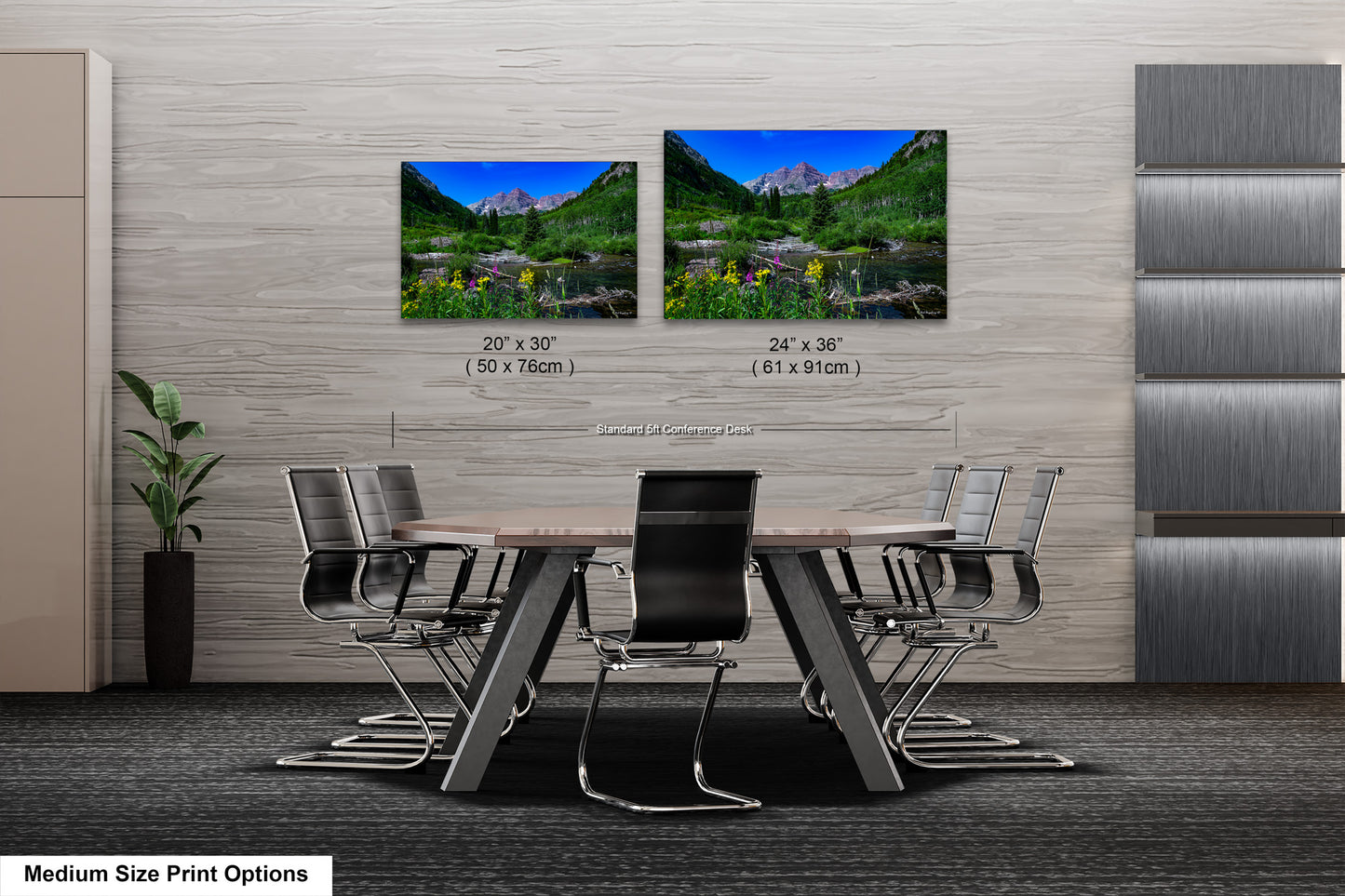 a dining room table with chairs and two pictures on the wall