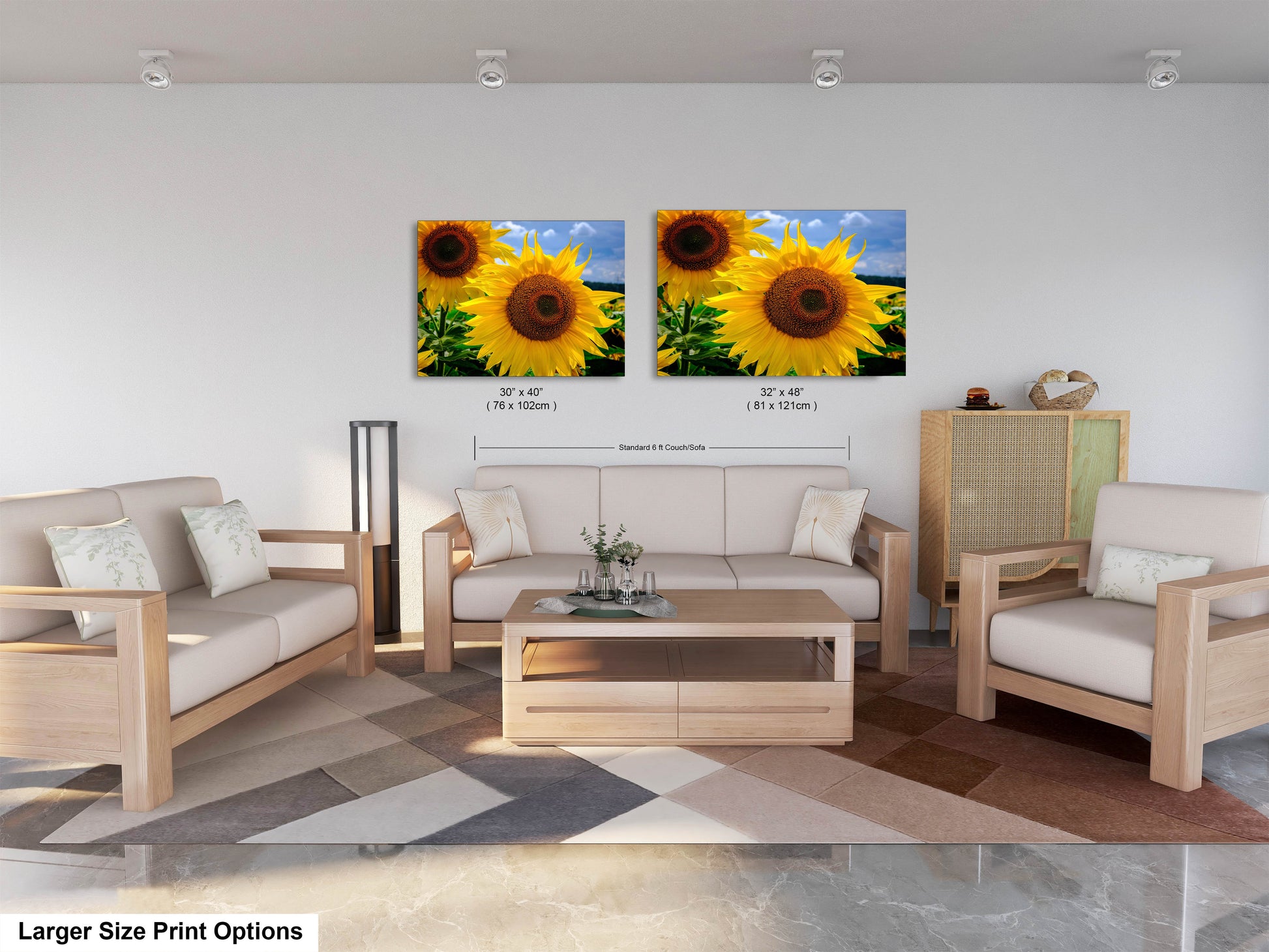 a living room filled with furniture and a painting on the wall