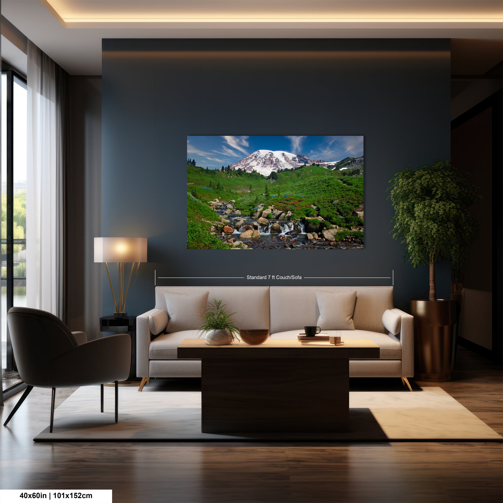 a living room with a large picture on the wall